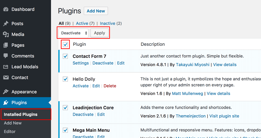 Deactivate Wordpress Plugins