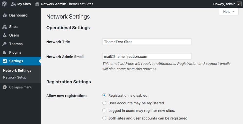 Wordpress Network Admin Settings