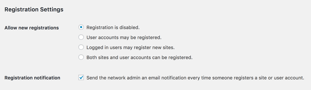 Wordpress Network Registration Settings