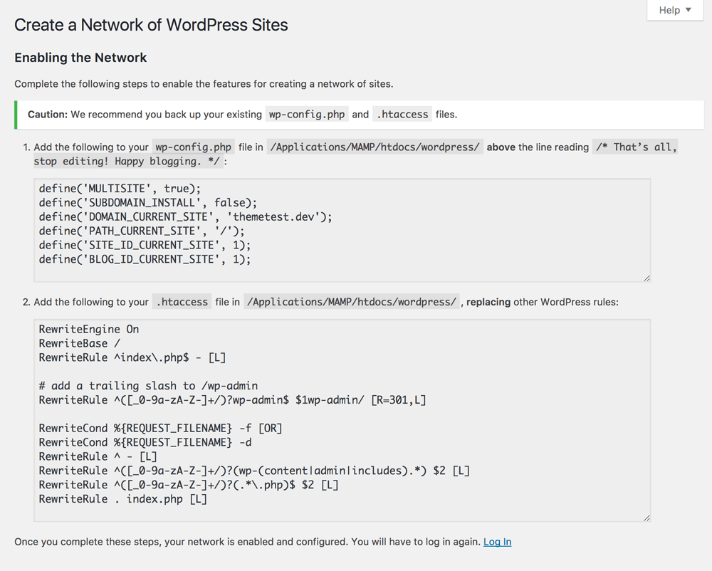 Wordpress Network Setup Code